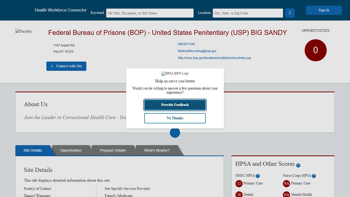 Health Workforce Connector - Site Profile Page