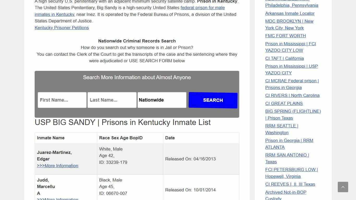 USP BIG SANDY Prison in Kentucky – Inmate Releases